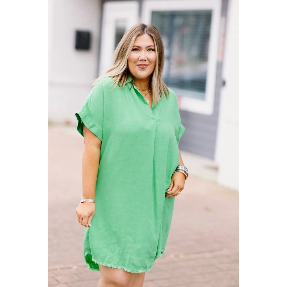 Umgee Linen Blend A-Line Dress Womens Size L Green Sleeve Boho Peasant Beach